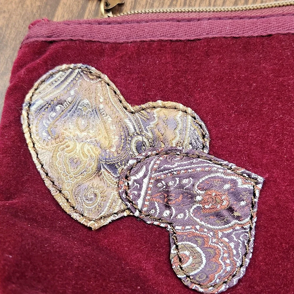 Lucky Brand Burgundy Velvet Heart Clutch Purse Peace Charm Boho Patchwork Zip
